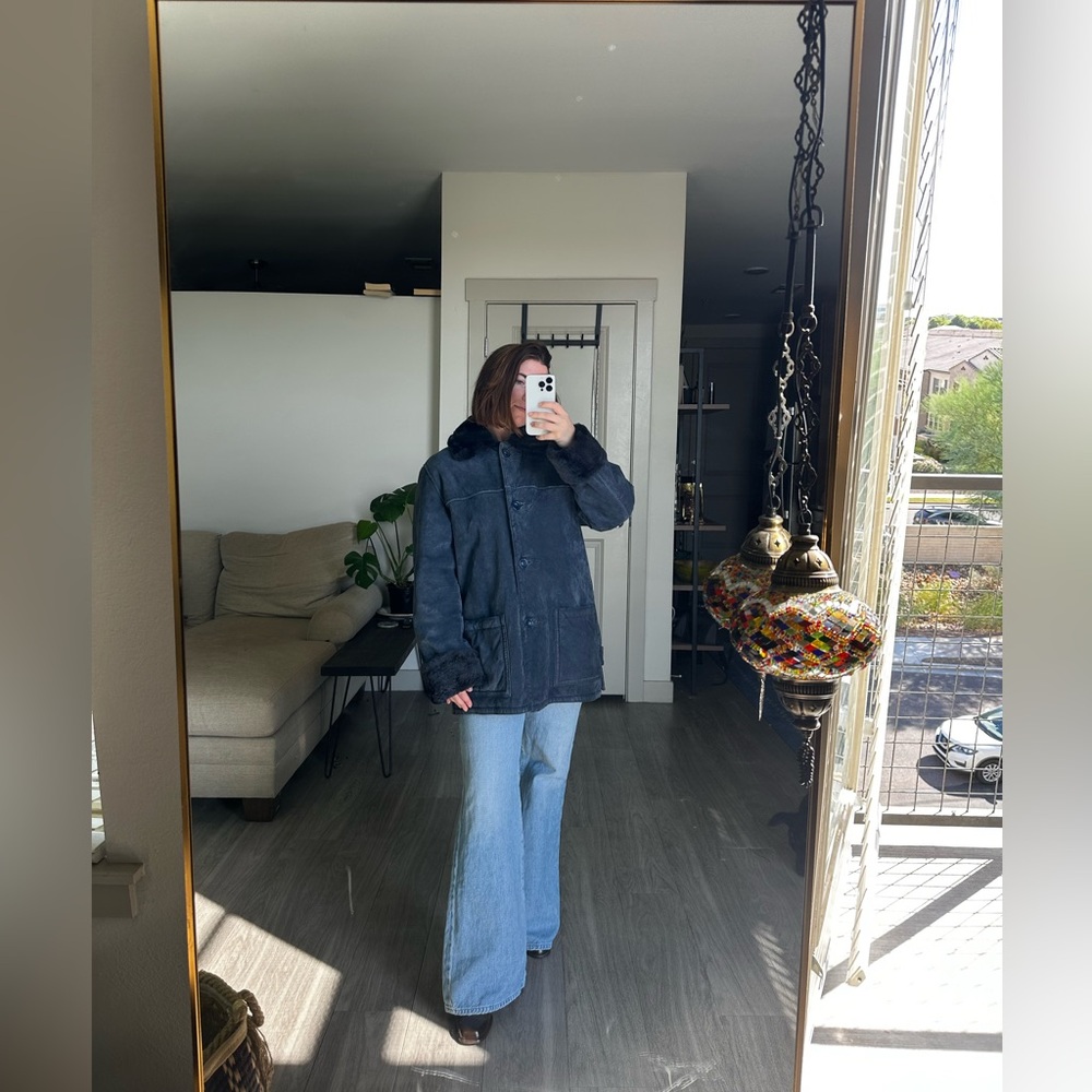 Penny Lane Vintage Suede Leather Faux Fur Oversized ButtonUp Jacket Dennis Basso - Picture 2 of 10